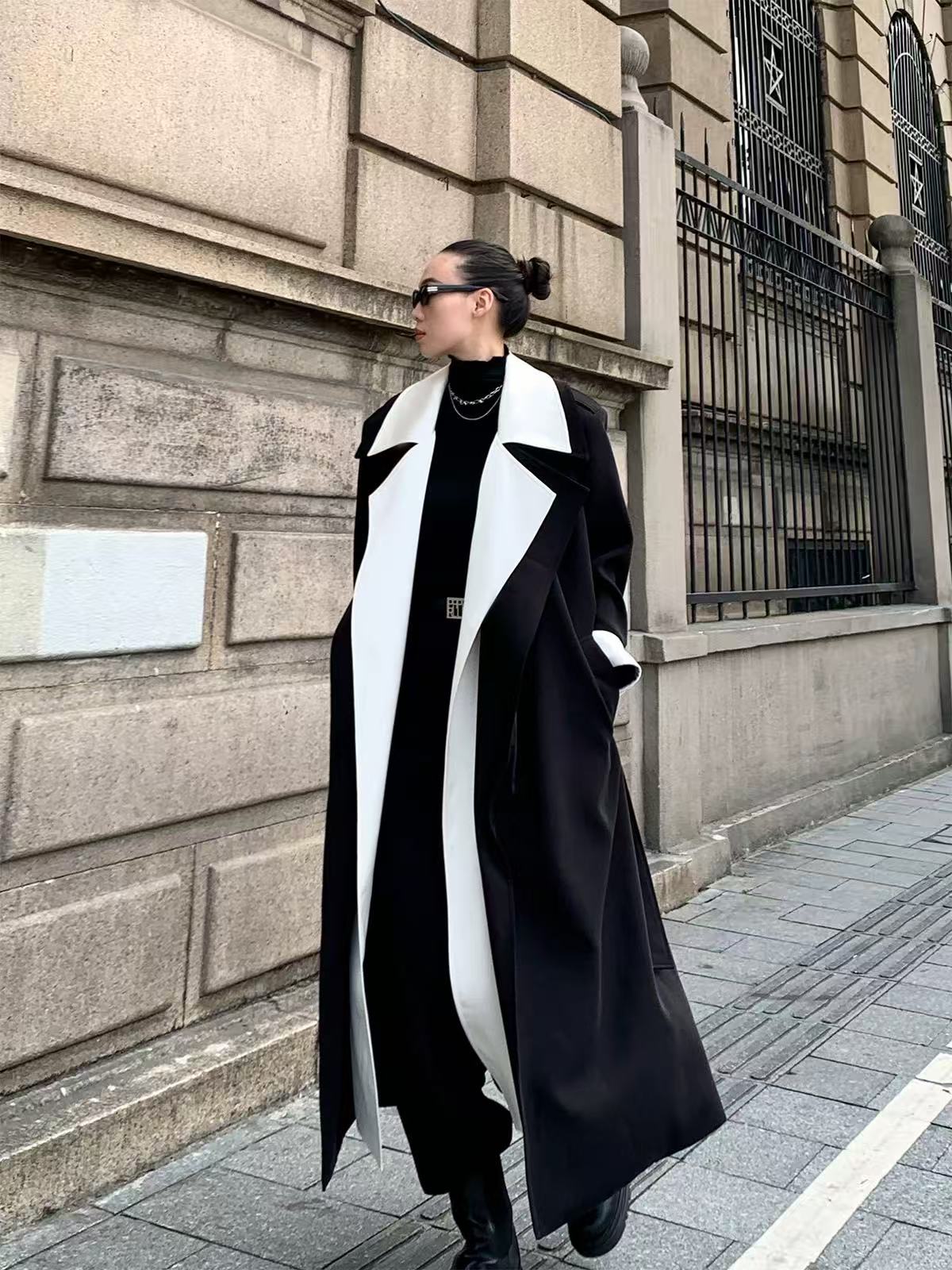 胖妹妹撞色领假两件设计风衣女款2025新款秋季长款大衣外套2602