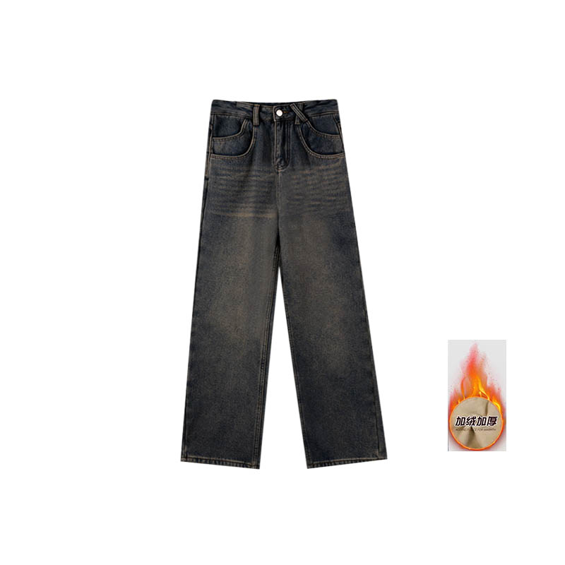 (女装）8009 设计感双口袋蓝色高腰窄版阔腿直筒加绒牛仔裤