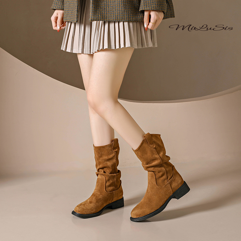 米露诗秋季新款堆堆靴中筒靴舒适百搭时尚女靴显瘦御寒短靴保暖