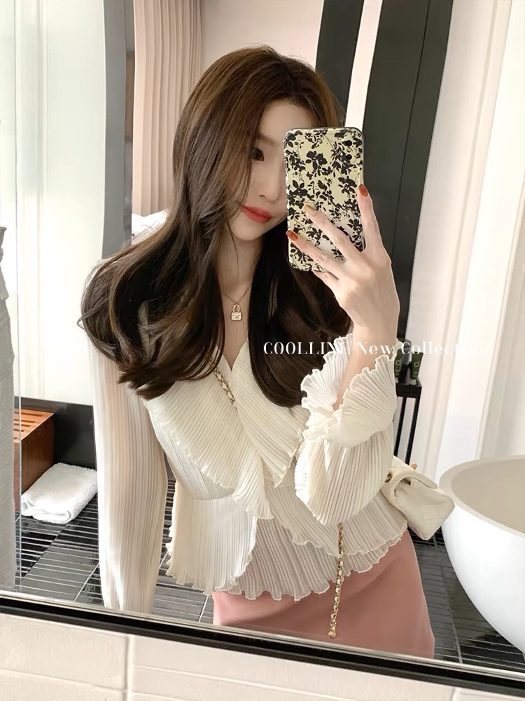 CHECHE【春心荡漾】法式温柔荷叶边长袖雪纺衬衫复古V领甜美上衣