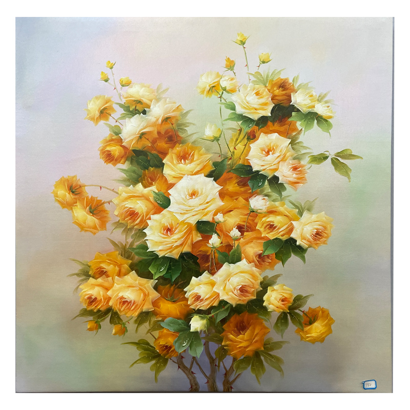 带框纯手绘油画花鸟画黄玫瑰方形油画铝合金边框