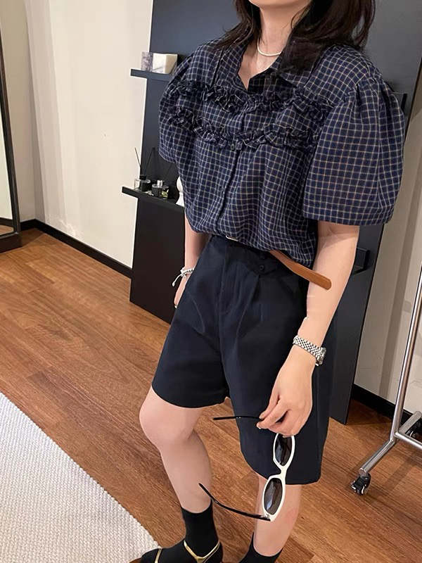 泡菜宽松格纹短袖衬衫休闲百搭气质上衣