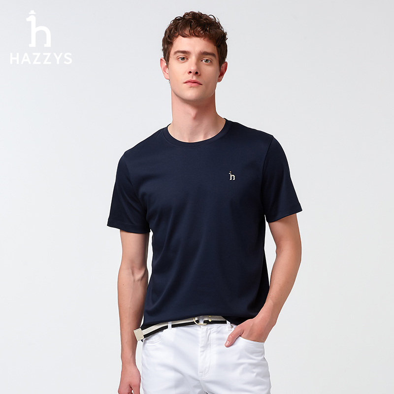 Hazzys哈吉斯男士夏季圆领短袖T恤时尚休闲纯色打底百搭男装上衣