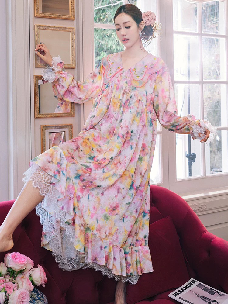 原创刺绣翻领仿真丝冰丝睡裙印花胸垫缎面睡衣家居服可外穿女春夏