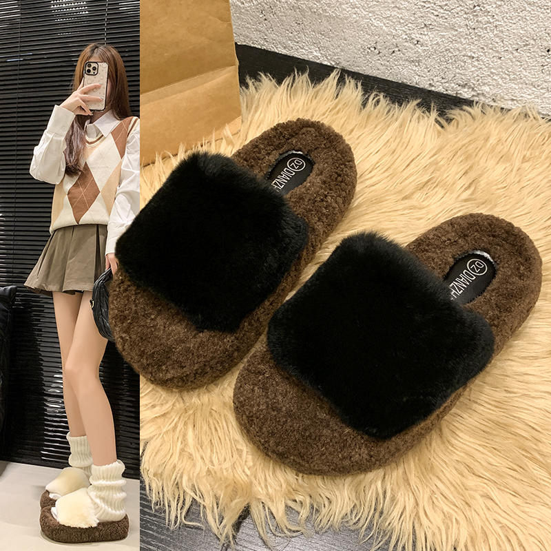 厚底毛毛拖鞋女秋冬季外穿2025新款一字保暖棉拖外出毛茸茸毛毛鞋