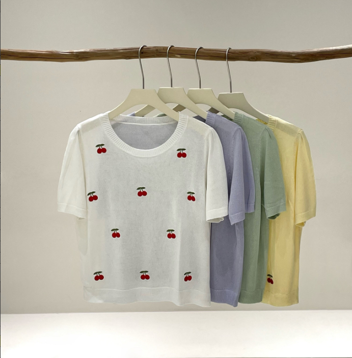 大码女装樱桃针织衫2025夏季新款甜美短袖冰感上衣体恤女22980