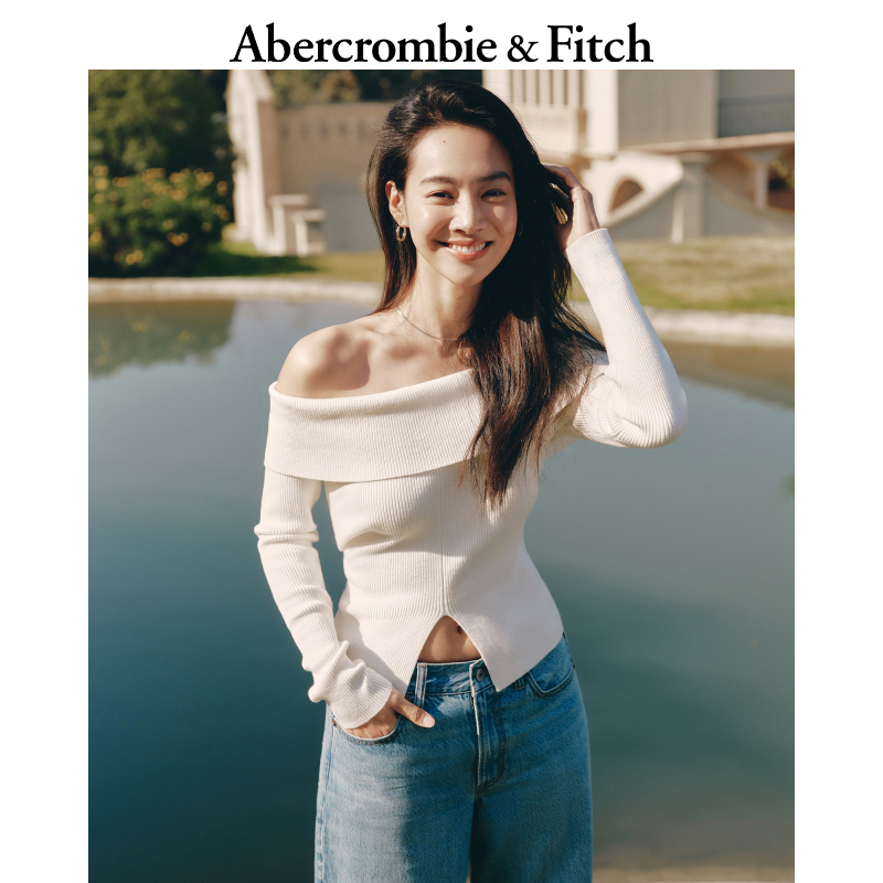 AF女装25春季美式辣妹修身一字肩露肩长袖针织衫毛衣KI150-5016