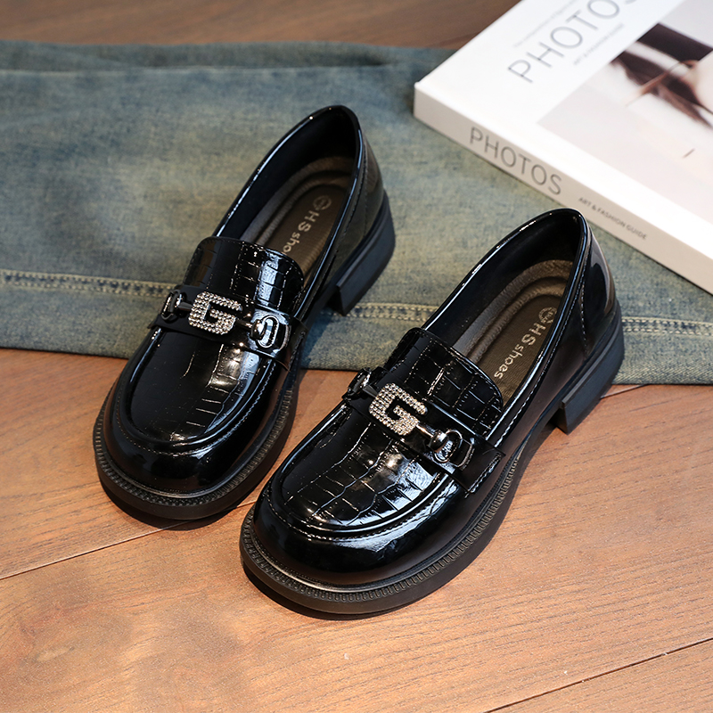 瓦克瓦萨奇水钻小皮鞋英伦风方跟百搭单鞋女2025新款一脚蹬乐福鞋