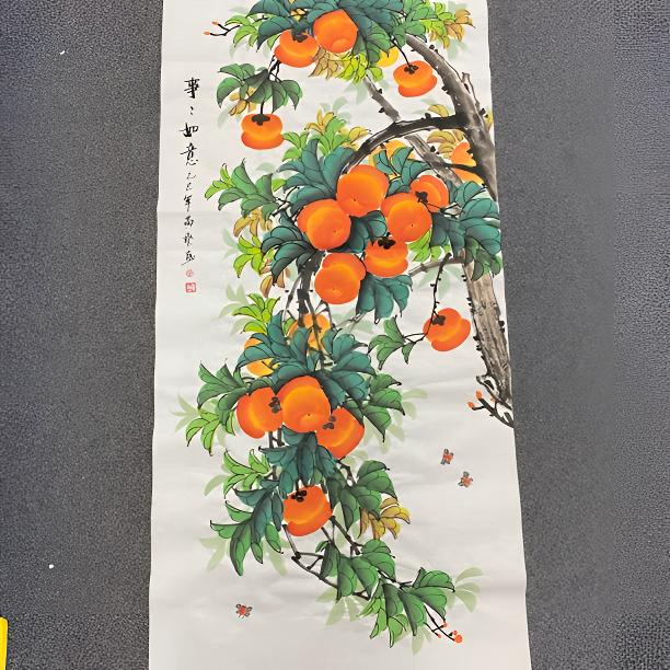 纯手绘国画四尺写意柿子 事事如意 玄关画 尺寸140×70厘米