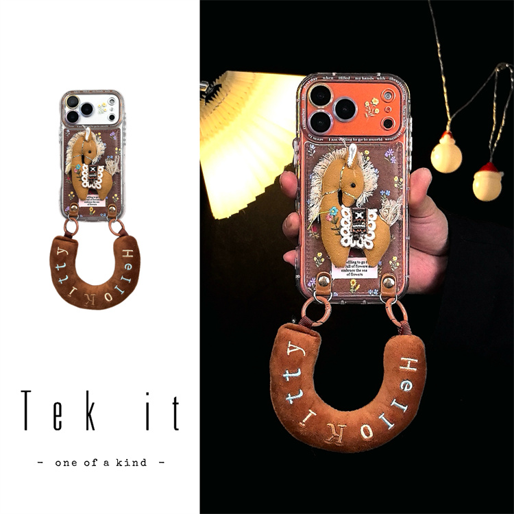 创意紫黄花朵布艺小马适用iPhone17pro手机壳16promax手提斜跨15