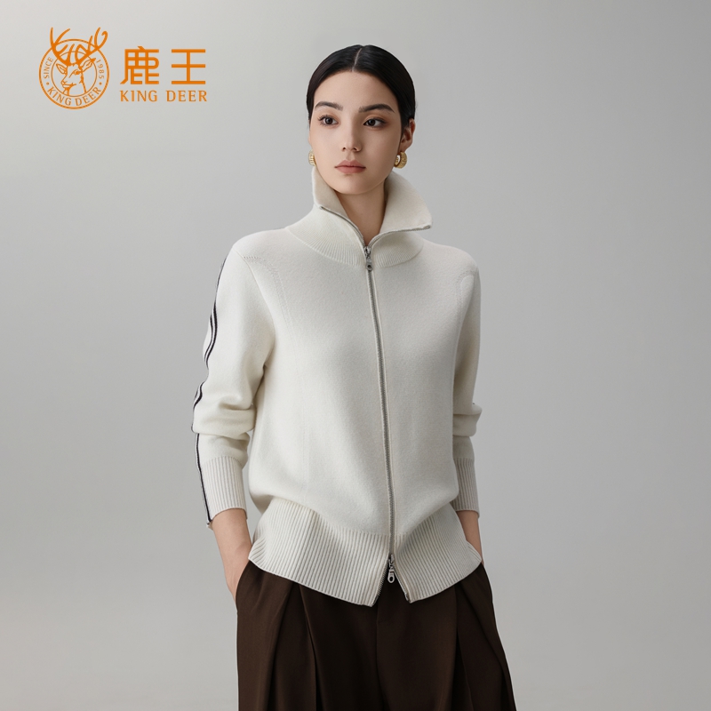 鹿王25秋冬新款女翻领100山羊绒四平针拉链休闲开衫 加厚 RA201