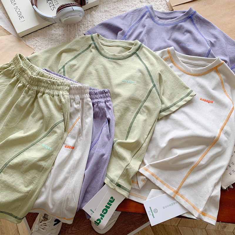 男童夏季新款儿童撞色明线户外运动短袖T恤宽松休闲百搭短裤套装