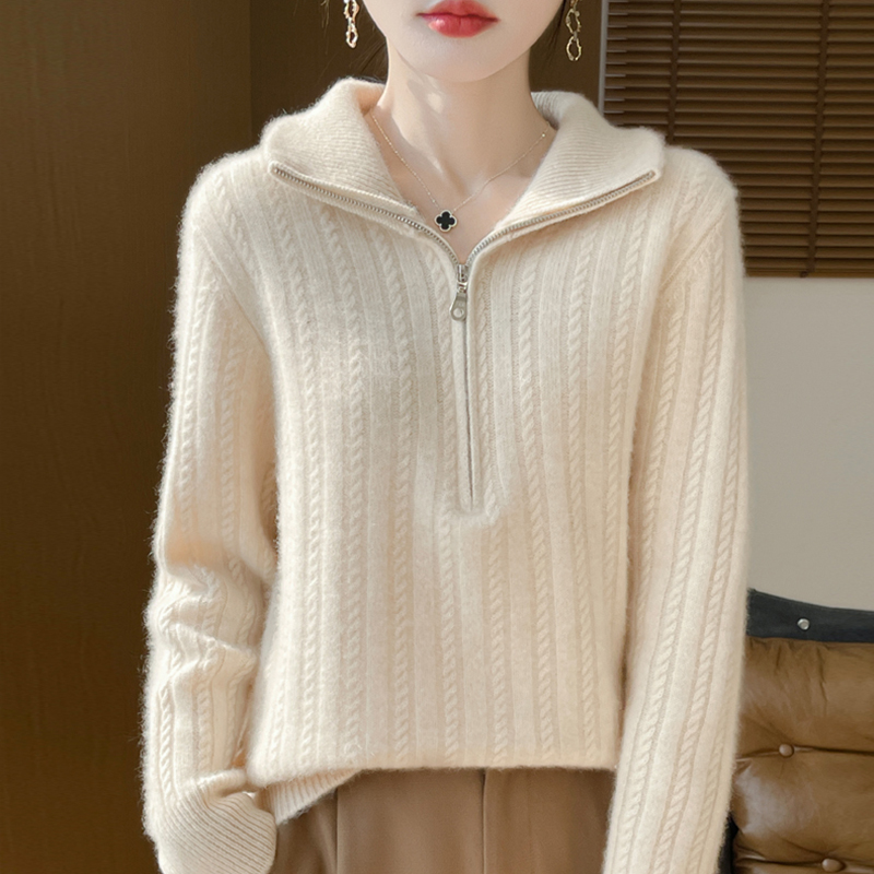 宽松型秋冬拉链领100羊毛衫女洋气时尚毛衣针织衫可打底可外穿