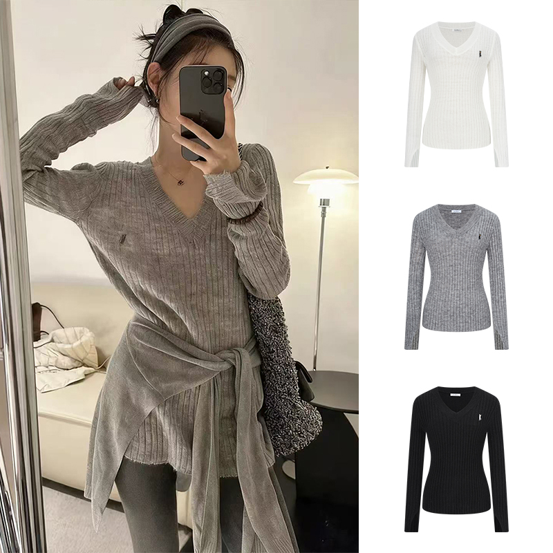 Moses Queen/魔西女王纸片人慵懒感坑条针织衫V领长袖早秋上衣