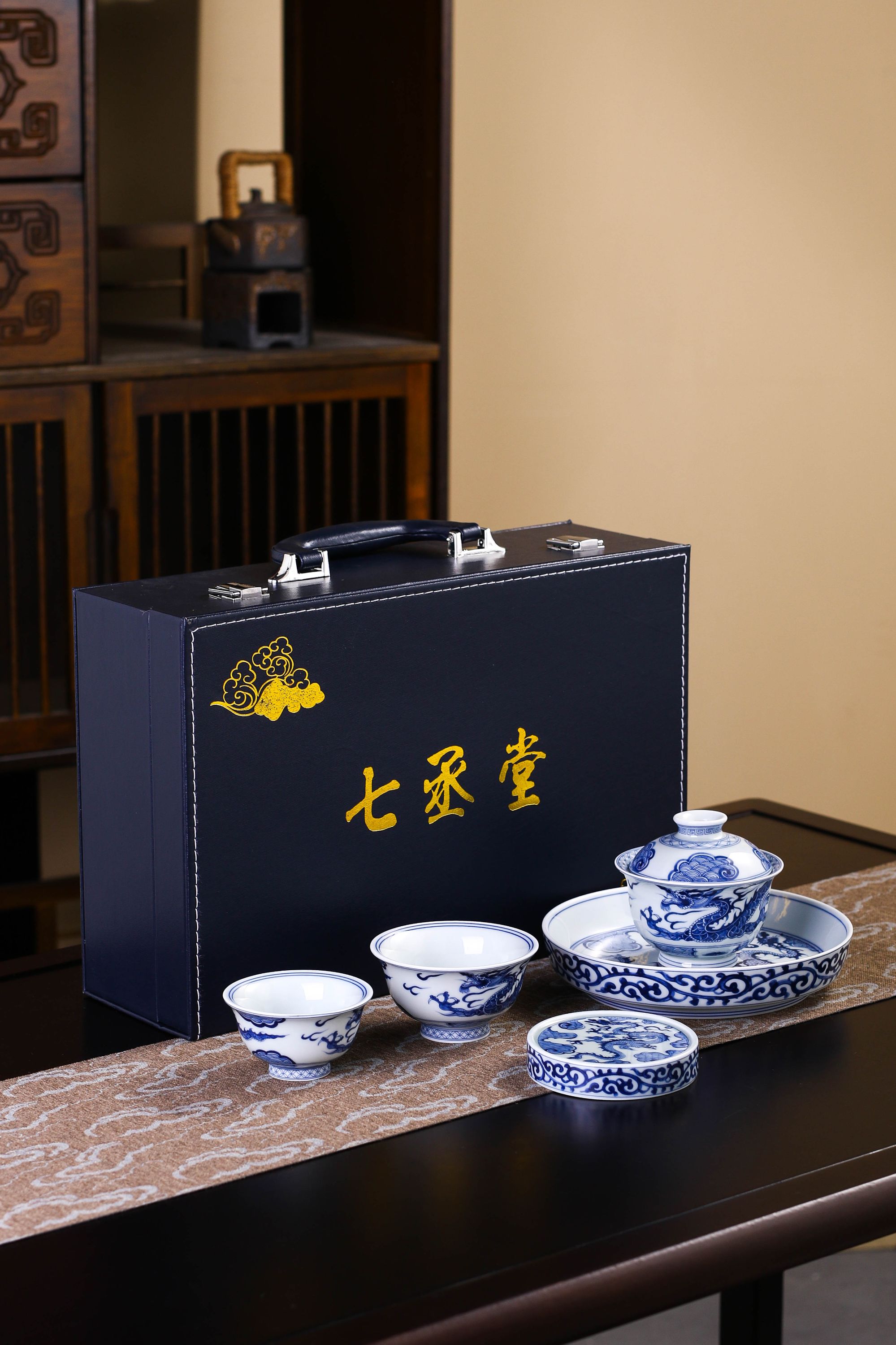 景德镇中式青花穿云龙纹茶具茶器中式家用高端五件套礼盒装