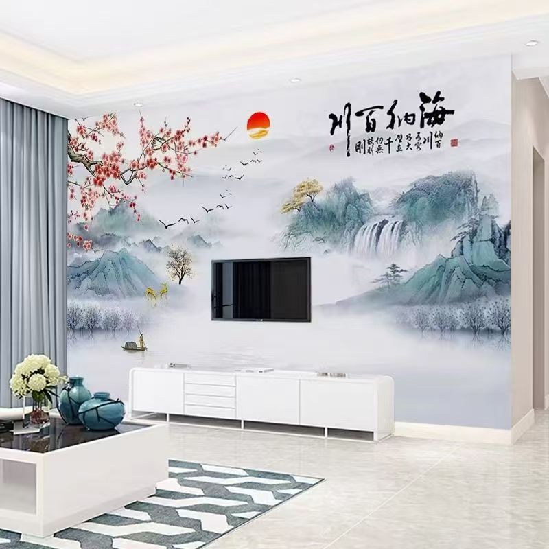 2025新款防撞版碳晶板电视背景墙定制现代简约壁画客厅中式山水画