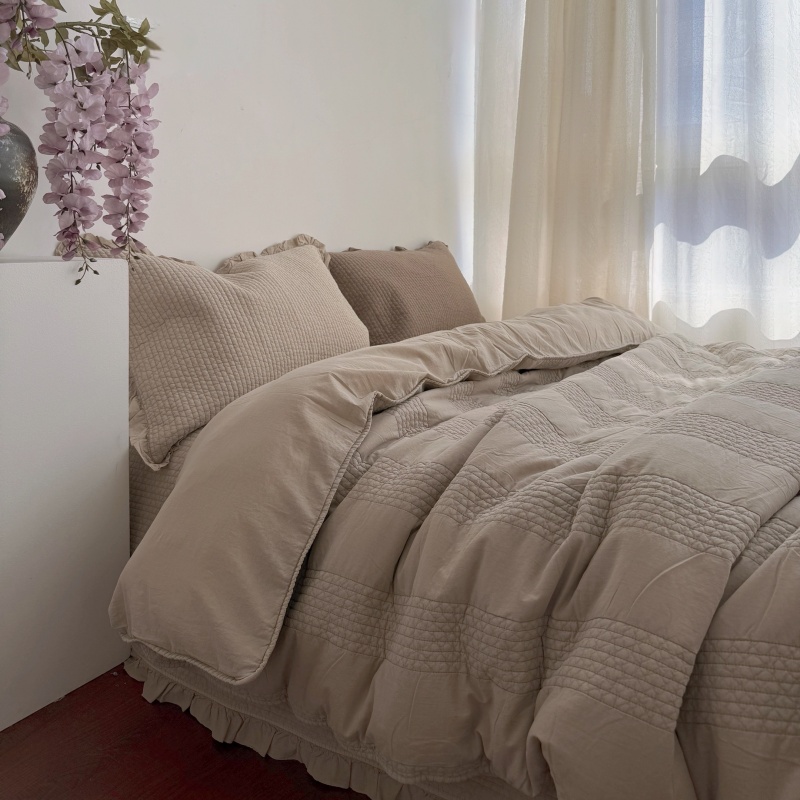 【韩静静】韩风酵素砂洗纯棉绗缝花边可机洗柔软床盖枕套多功能被套