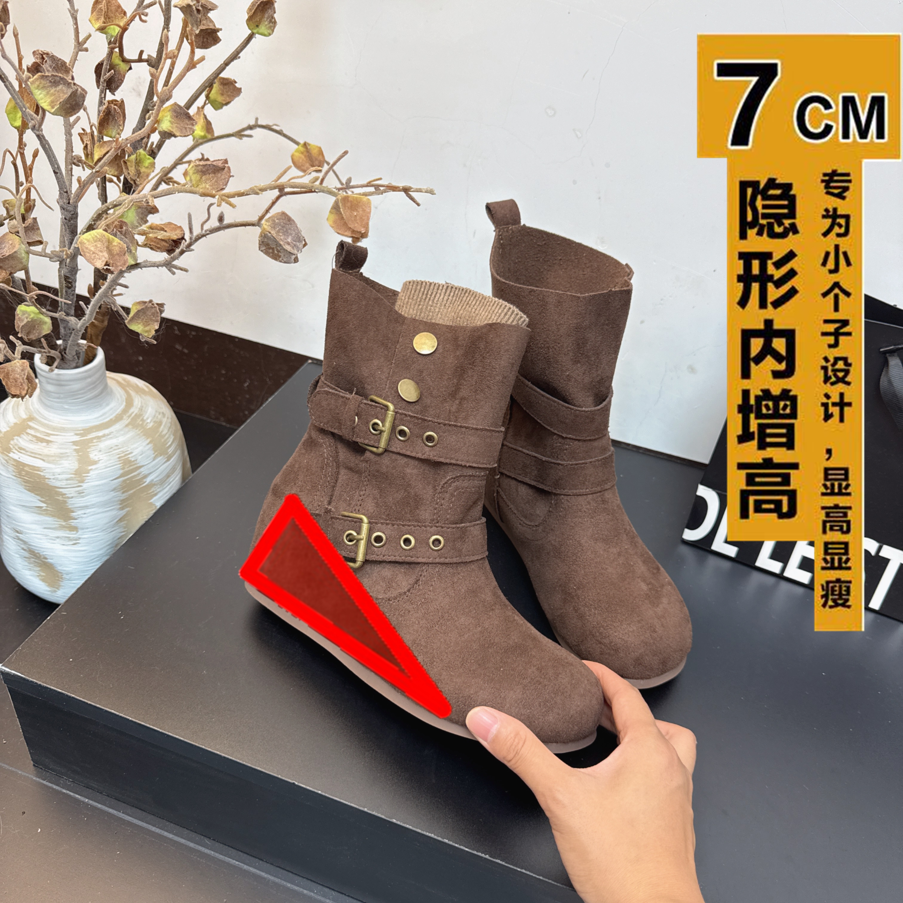 内增高7cm堆堆靴复古马丁靴圆头两穿翻折纽扣短筒靴皱褶西部靴