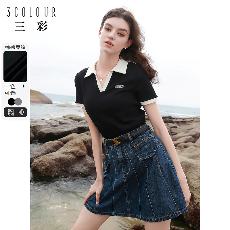 【小铃铛】三彩2024春季新款休闲POLO领T恤印花正肩短袖上衣修dbq