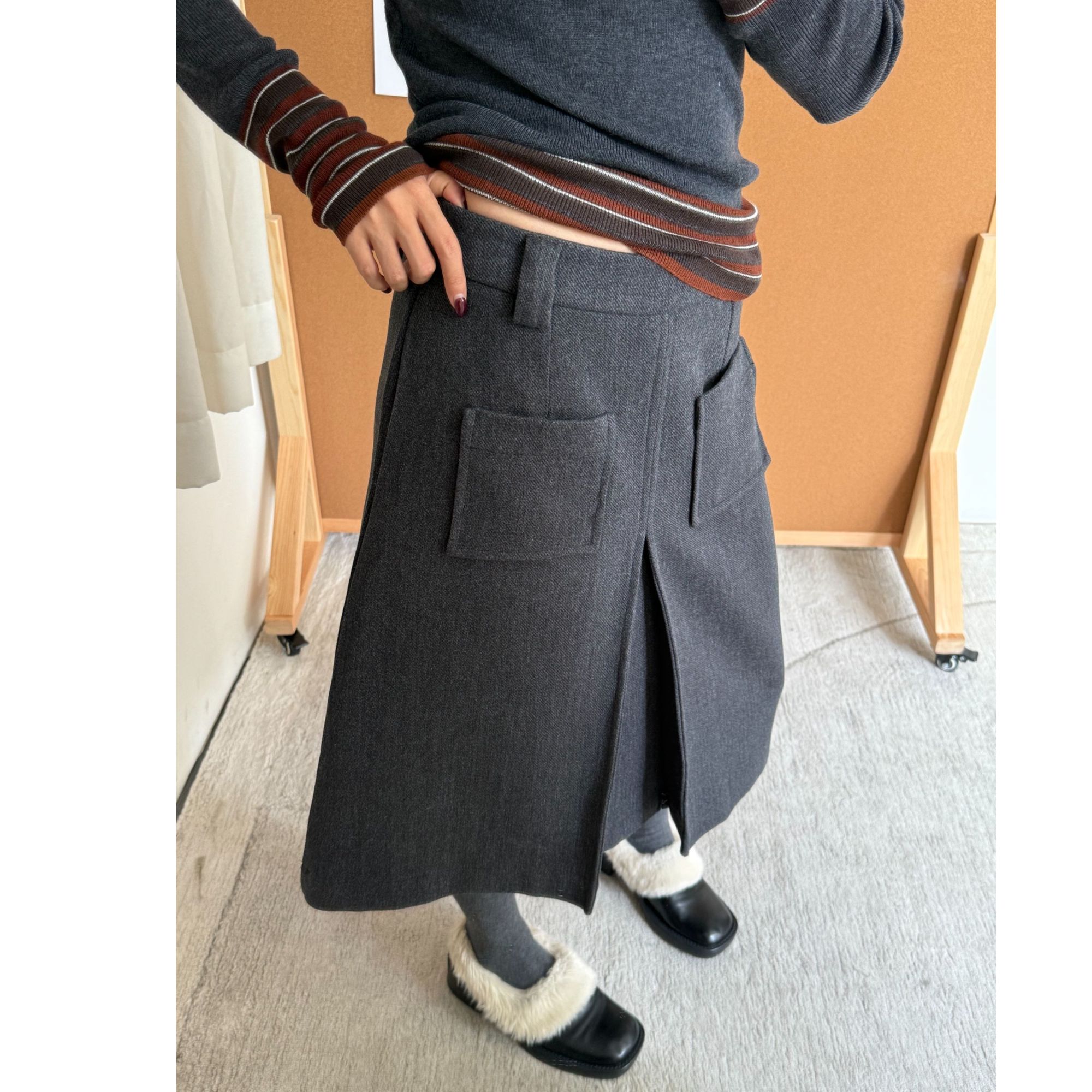 【逸语服饰】2025秋冬前口袋压褶毛呢半身裙韩系高腰A字裙中长裙女