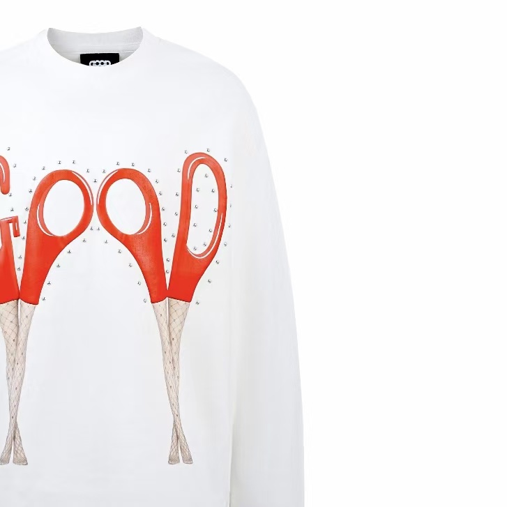 GDGOOD迷人的剪刀腿圆领宽松长袖T恤-白色剪刀长袖