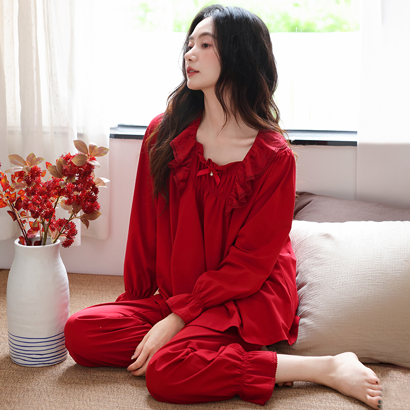 MiiOW/猫人红色睡衣女纯棉长袖全棉新婚结婚本命年女款家居服套装