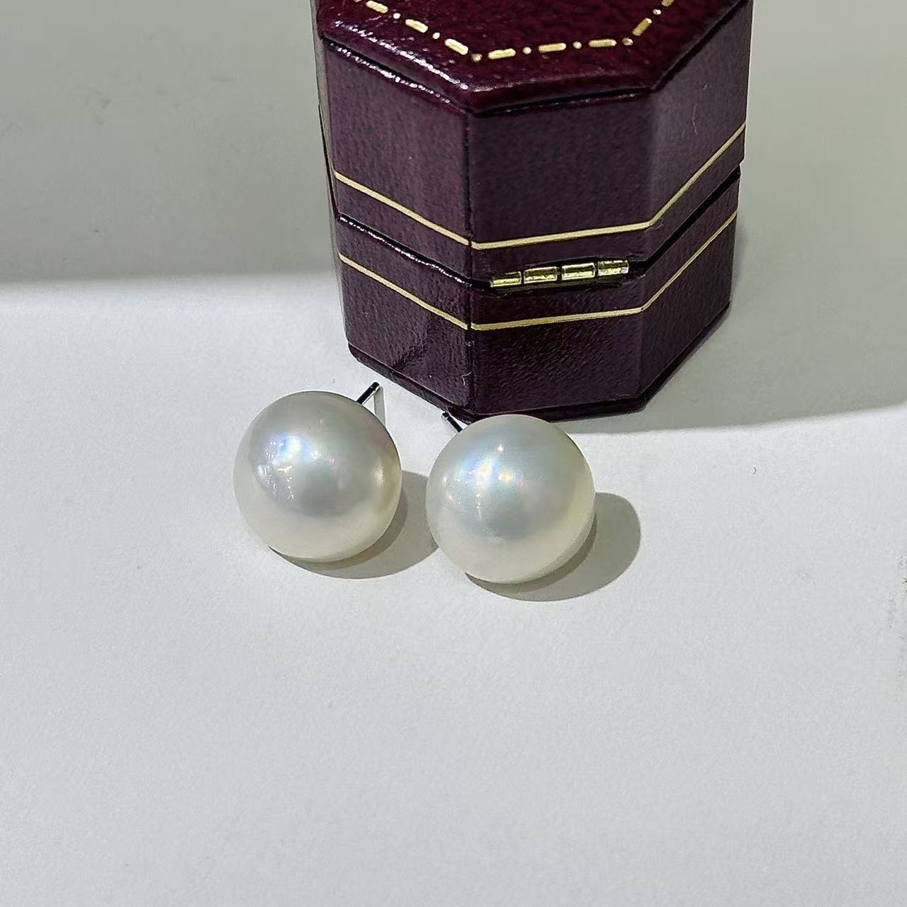 娜点珠宝   白马贝珠 珍珠 12-13m 珍珠 耳钉 马贝珠拼合珍珠