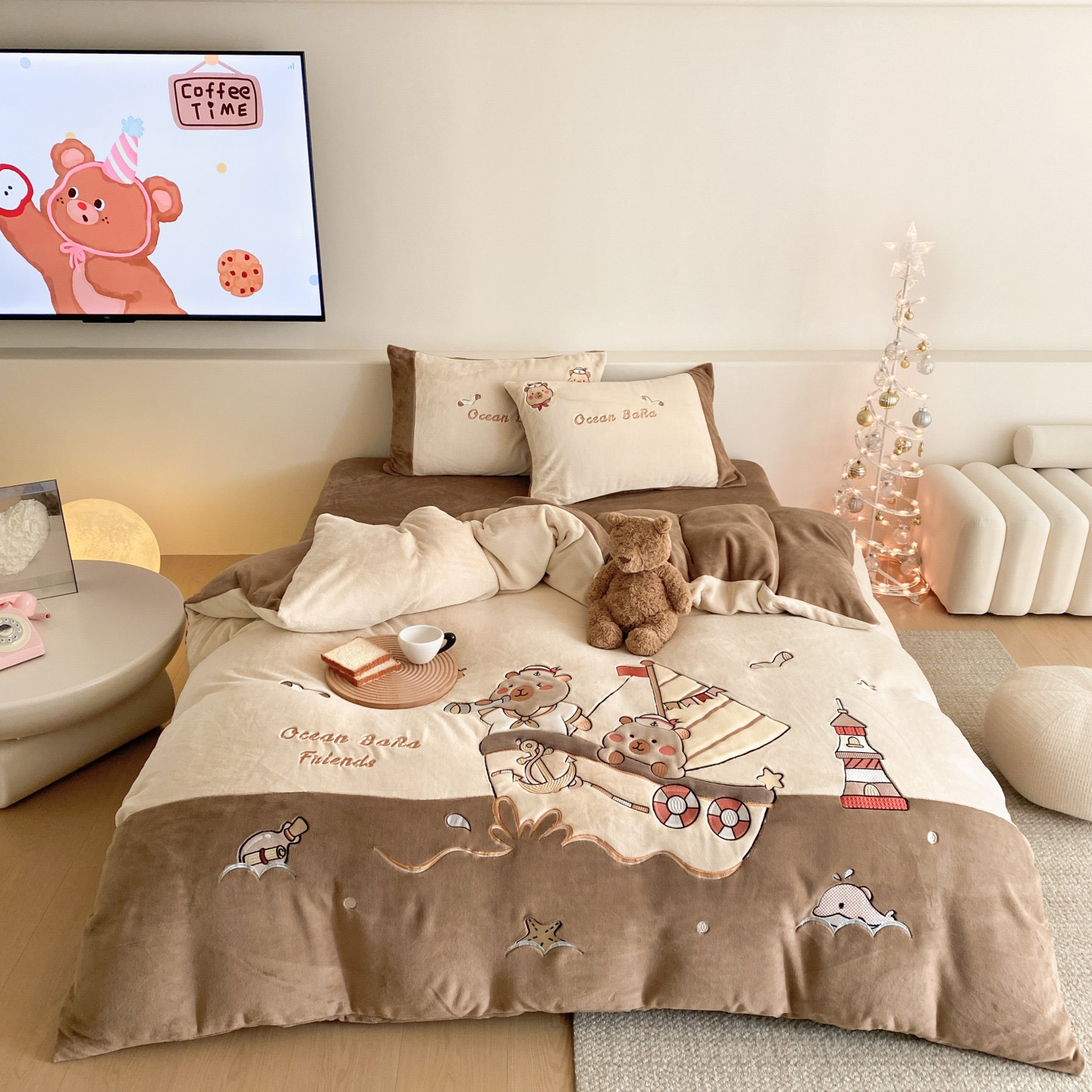 小温暖 小螺号 全消光牛奶绒四件套 卡通秋冬四件套加厚加绒