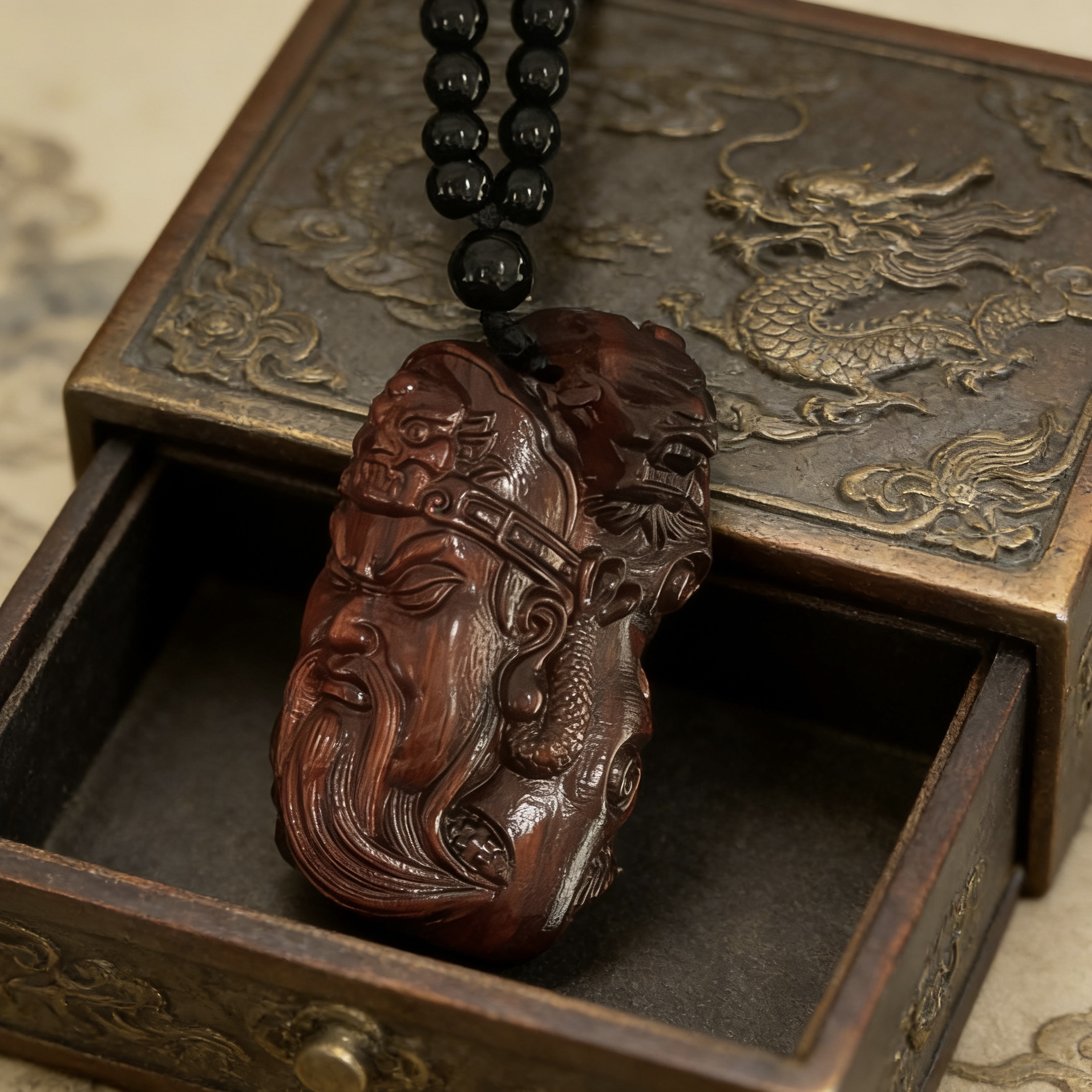 紫檀木盘龙关公手把件武财神