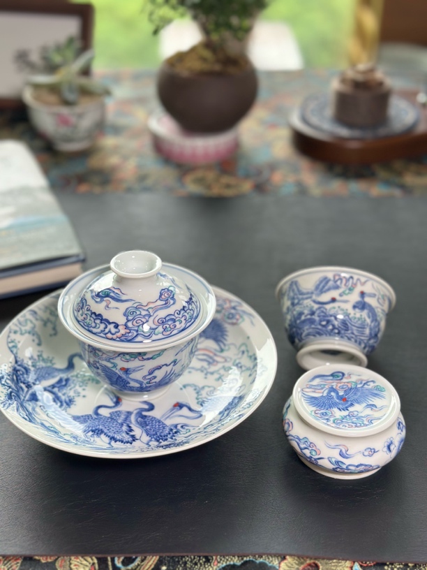 景德镇制高档斗彩瑞鹤祥云茶具家用高端茶器四件套简装