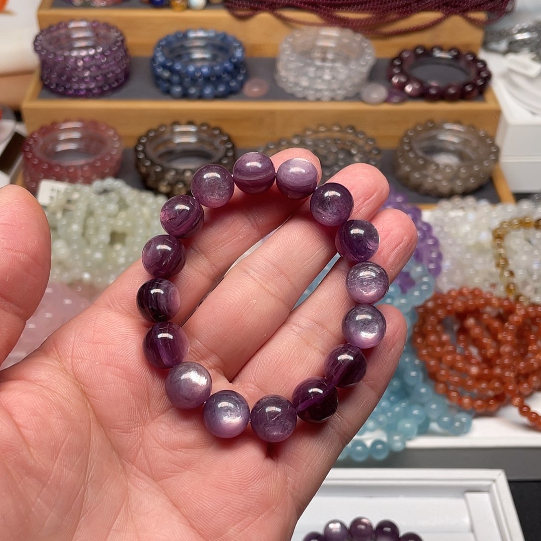 烟晶手链银S925镶嵌粒*澄紫哩云母12