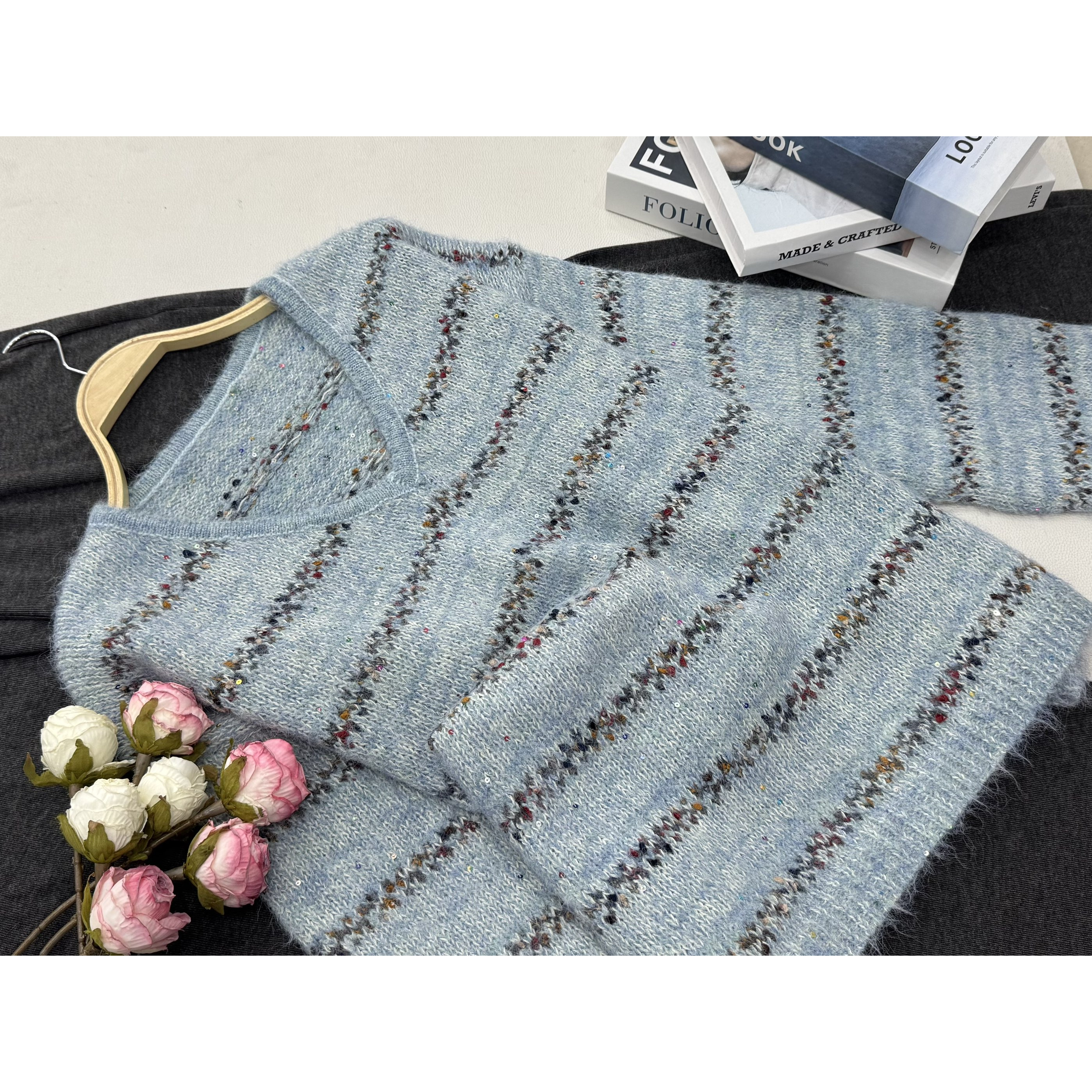 【蓝色条纹套头加厚】早秋新款时尚长袖针织上衣QC5471