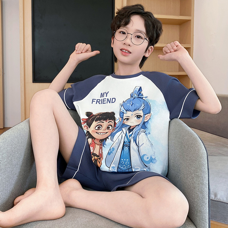 bejirog/北极绒时尚卡通短袖套头款男童夏季新品纯棉居家睡衣套装