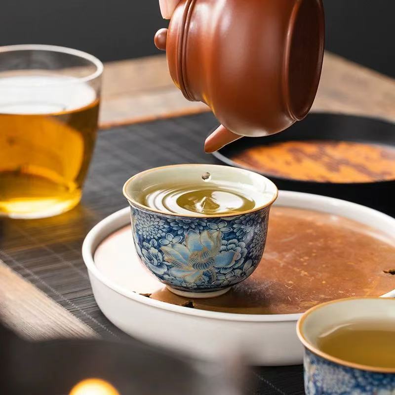 「云栖茶具」汝窑繁华似锦万花青花主人杯E752