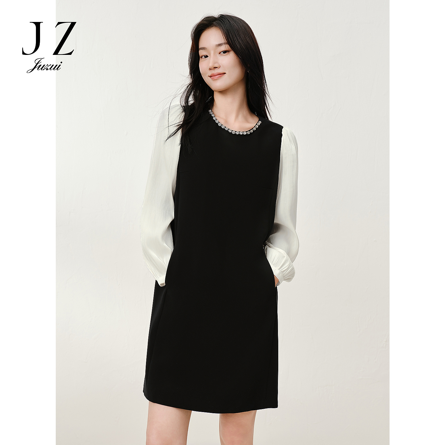 JUZUI玖姿JTFQ50004优雅千金风拼接连衣裙小黑裙女2025秋季新款