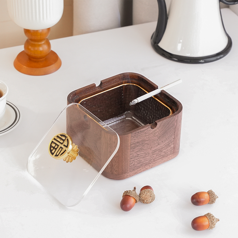 北美黑胡桃木带盖防飞灰烟灰缸家用凳子客厅带盖子爆款创意轻奢