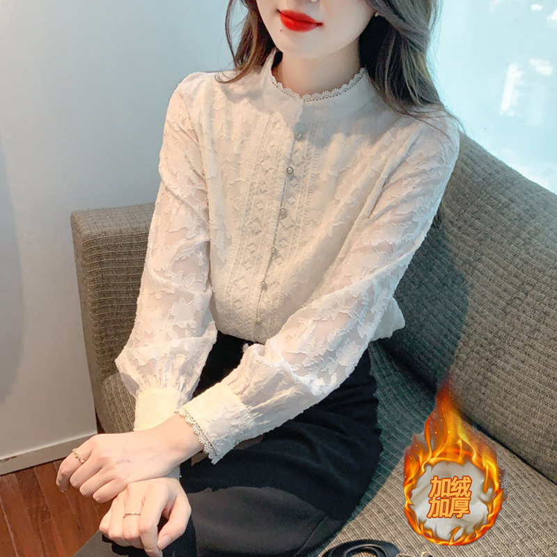花边立领长袖衬衫女加绒加厚秋冬气质内搭蕾丝雪纺衫时髦打底上衣