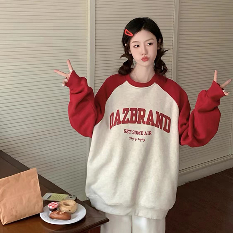 【柚子】秋冬红色卫衣女2024新款爆款短款即墨圆领插肩薄秋季加绒