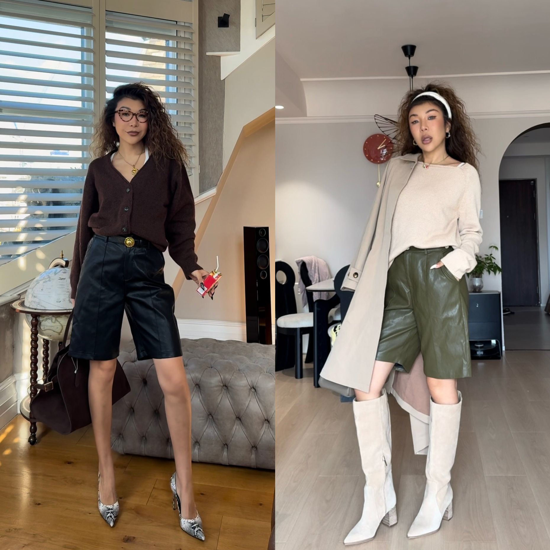 {小溪家}宽松五分皮裤早秋新款直筒显瘦高腰休闲欧美风简约中裤