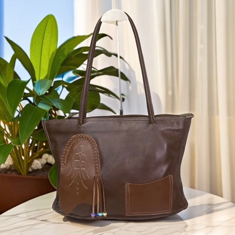 真皮复古手工年年有鱼托特包手提包