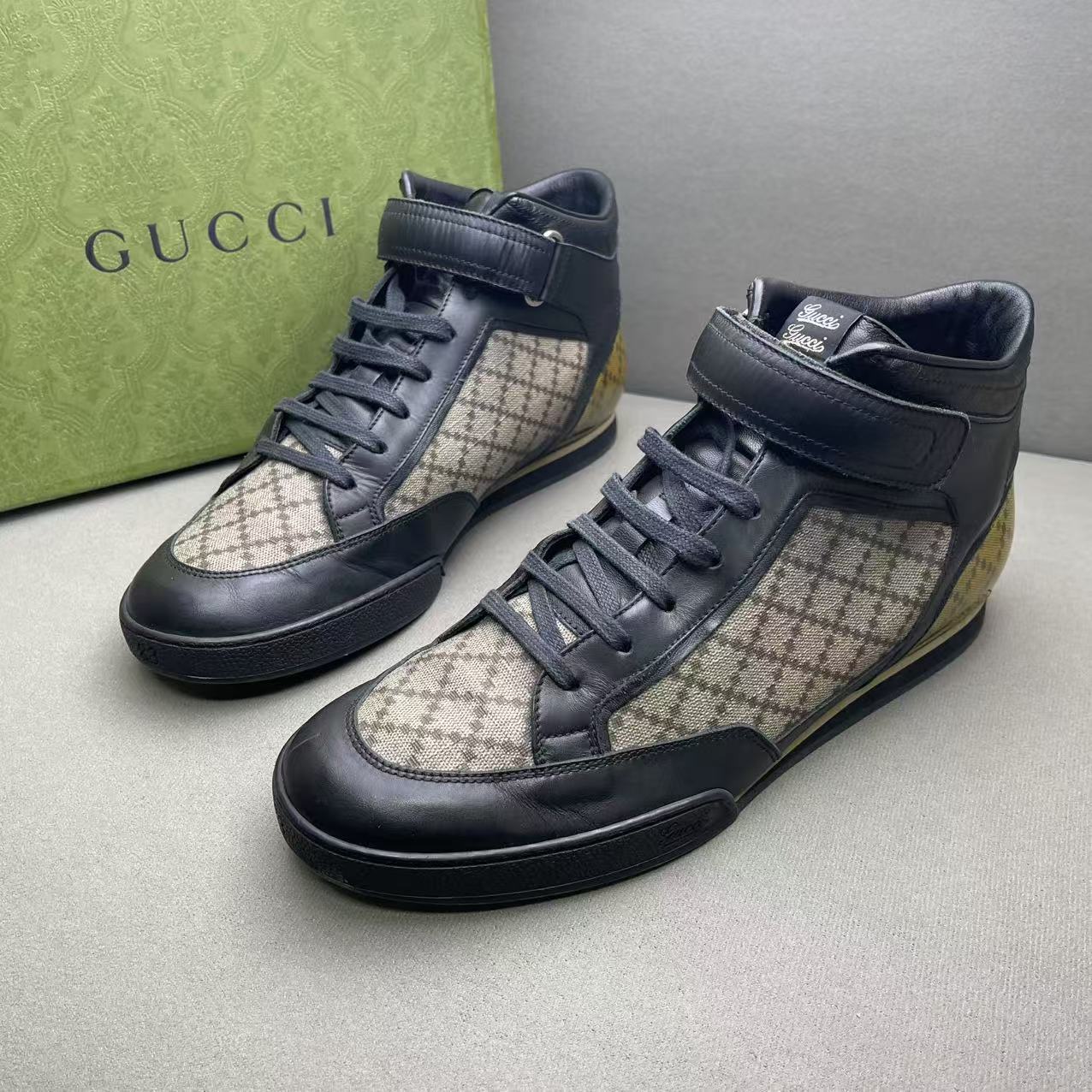 95新 GUCCI/古驰 黑白百搭条纹格魔术贴高帮板鞋 42.5码 福利款