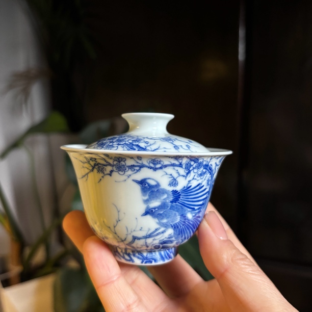 【南风】柴窑 景德镇纯手绘 青花 喜上眉梢元宝盖碗 