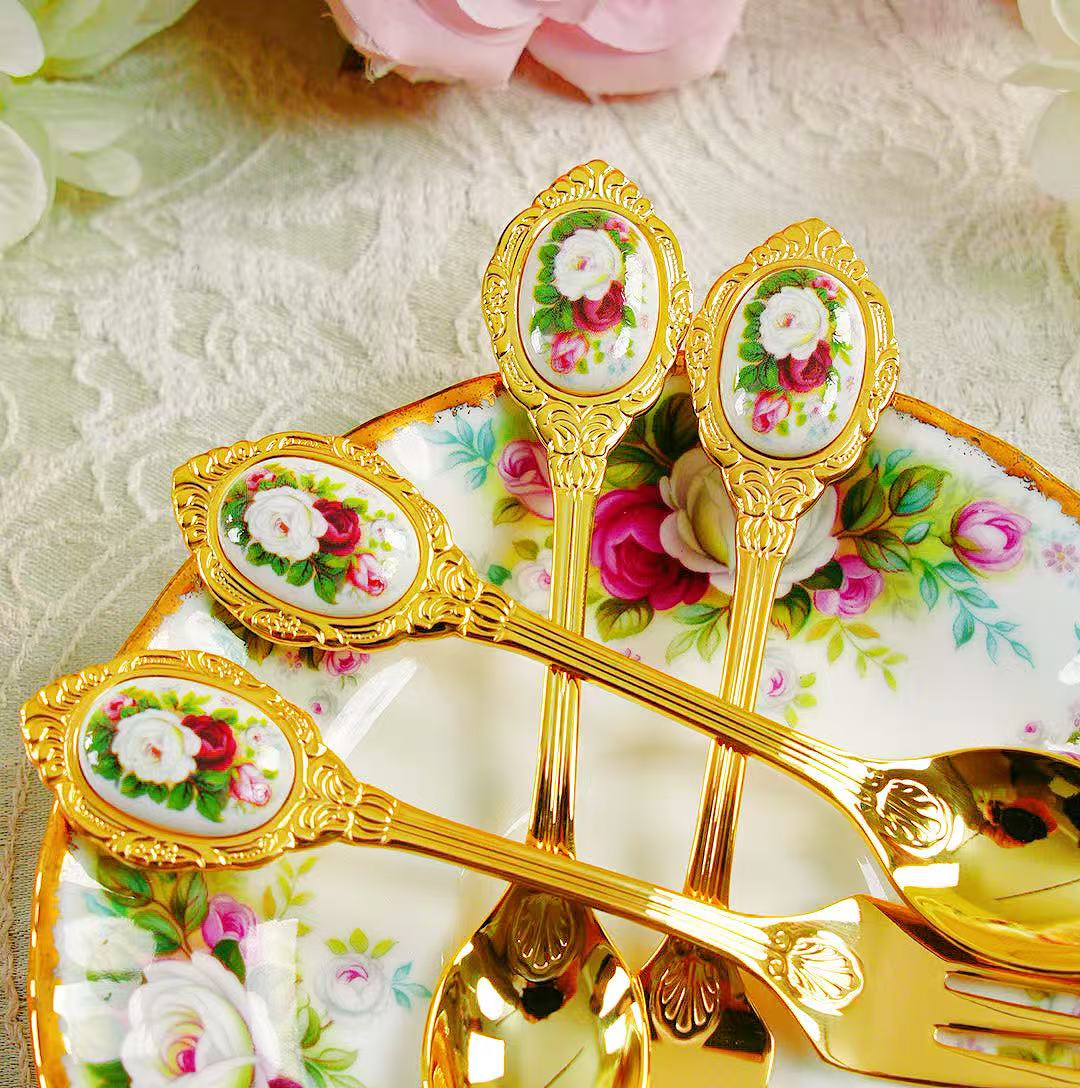 庆典玫瑰同款画片四只两对欧式蛋糕叉镀金复古轻奢下午茶咖啡勺