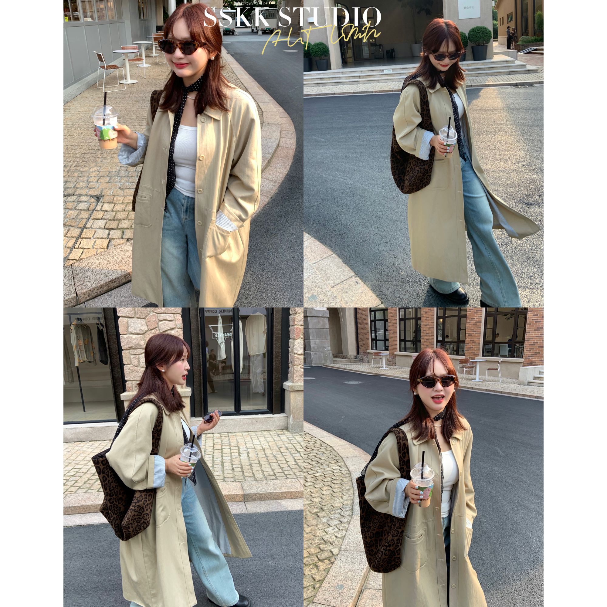 KMZY/KMZY山_山【甜韩风衣】微胖早秋韩版洋气条纹拼接休闲风衣外套