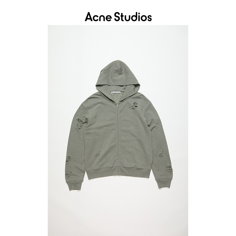 AcneStudios FW24 做旧破洞徽标拉链连帽卫衣 男女同款 苔绿色