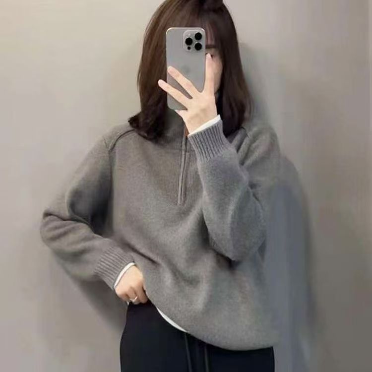 秋冬宽松翻领拉链长袖高领拉链毛衣女新款慵懒百搭套头针织衫上衣