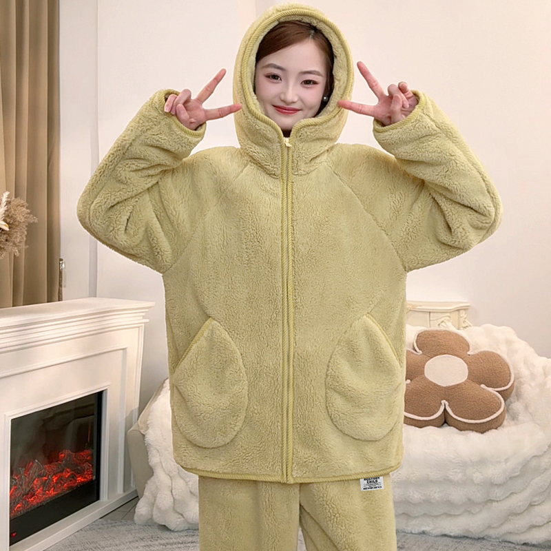 【慵懒舒适】毛绒连帽睡衣女秋冬天软糯居家法兰绒家居服睡衣两件套