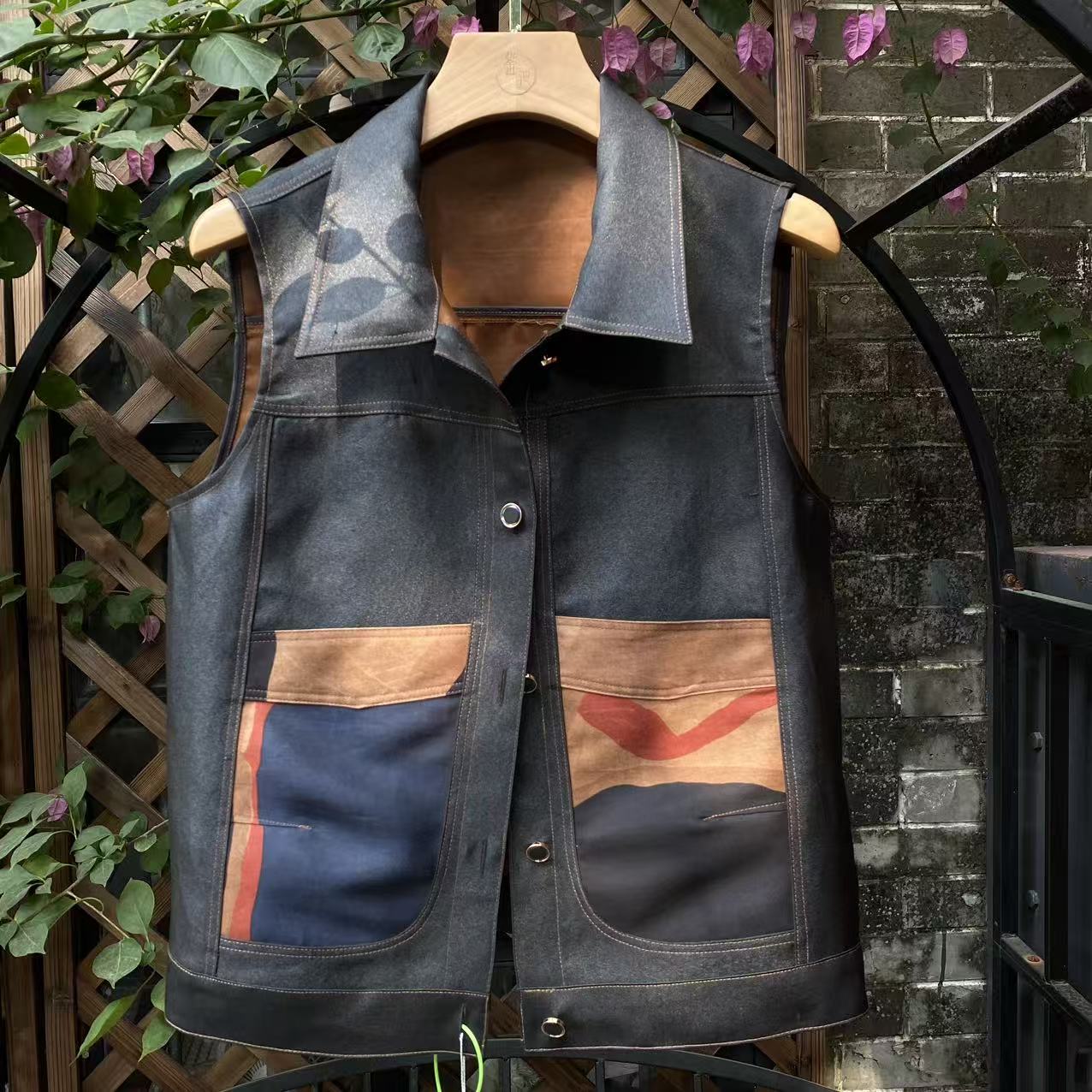 艾可原创  马甲  双宫缎香云纱 前喷印花丝毛香云纱 长50起