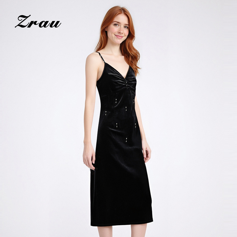 【臻选】ZRAU高级感复古收腰V领吊带连衣裙91130141197