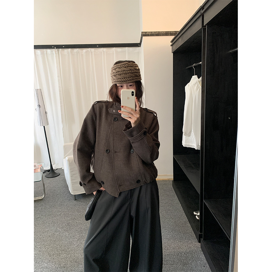 黄峥高级感韩系立领毛呢外套女秋冬双排扣短款休闲夹克上衣541026